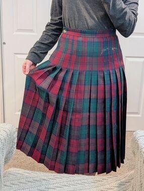 Vintage Wool Tartan Pleated Midi Skirt Red Green Plaid 28” Waist
